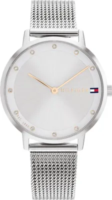 A close-up studio shot of a Tommy Hilfiger women's watch.