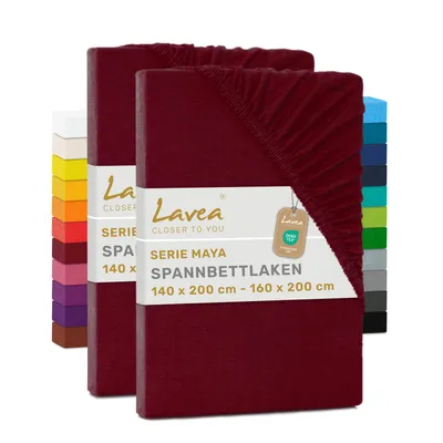 Produktbild von Lavea® 2er Pack Jersey Spannbettlaken 140/160x200 cm, 100% Baumwolle – Weiches Bettlaken für Matratzen bis 20 cm Höhe – Bordeaux