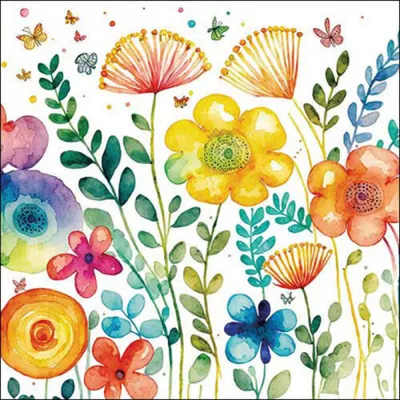 Servietten Papier 33x33cm 3-lag. mit Blumen Aquarell Motiv 20 Stück