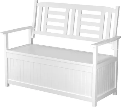 A white wooden storage bench shown from a 3/4 angle against a white background.