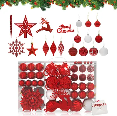 Image de UISEBRT Set de 108 boules de Noël pour le sapin de Noël, Boules de Noël scintillantes, Ornements pour décoration de fête - Rouge