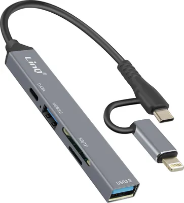 Obrázek produktu pro LinQ, rozbočovač USB-C a Lightning s 1x USB-C + 2x USB + čtečka karet SD/TF, černý