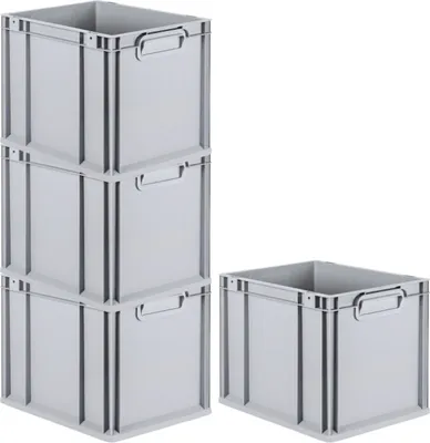 Four grey plastic storage boxes are stacked and arranged on a white background.