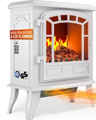 A white electric fireplace with a simulated fire and heating element.