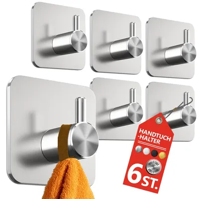 Image de Lot de 6 porte-serviettes sans perçage, couleur argent – Porte-serviettes étanches pour la salle de bains et la cuisine, crochets en acier inoxydable, crochets adhésifs pour la salle de bains et la cuisine – Crochets adhésifs ultra-résistants pour serviettes