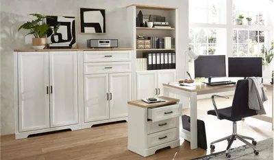 Produktbild von Büro Arbeitszimmer-Set Jasmin 5-teilig Pinie hell weiß Artisan Eiche
