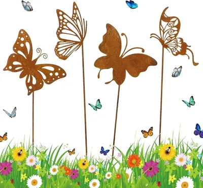 Produktbild von 4er-Set Rostige Schmetterling-Gartenstecker aus Metall für Garten, Zaun, Terrasse, Balkon und Blumentopf