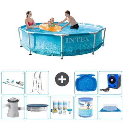 Produktbild von Intex Rundrahmen-Schwimmbecken – 305 x 76 cm – Wasserdruck – inklusive Pumpe Abdeckung - Wartungspaket - Filter - Bodenplane - Staubsauger - Leiter