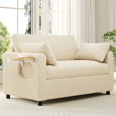 Produktbild von MODFU Schlafsofa mit USB Und Seitentasche Loungesofa Zweisitzer mit Schlaffunktion und Klappbarer Beistelltisch Cord Beige