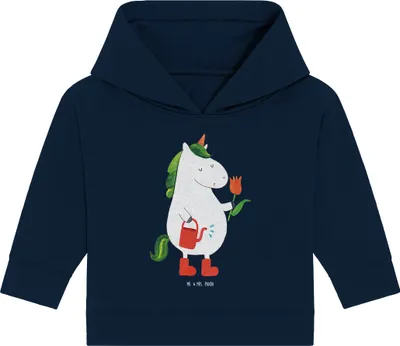 Produktbild von Mr. & Mrs. Panda Organic Baby Hoodie Einhorn Gärtner 12. - 18. Monat - French Navy - Geschenk, Einhörner, Garten, Kapuzenshirt, Stiefel, Gießkanne, Kapuzensweatshirt