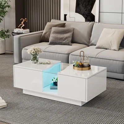 Image de MODFU Table Basse Moderne - Meuble de Salon avec Éclairage LED et 2 Tiroirs, MDF et Acrylique, Blanc, 100×50×35 cm