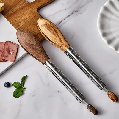 Produktbild von 12 Zoll Holzzange zum Kochen, Salatzange aus Edelstahl mit Walnussholzspitze, Verriegelungsmechanismus, hitzebeständiges Küchenutensilien-Set