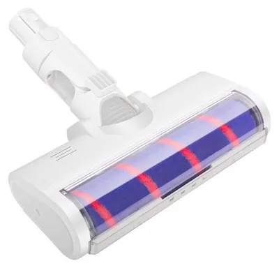 A close-up studio shot of a white vacuum cleaner brush head with a transparent casing showing a blue and red roller brush.