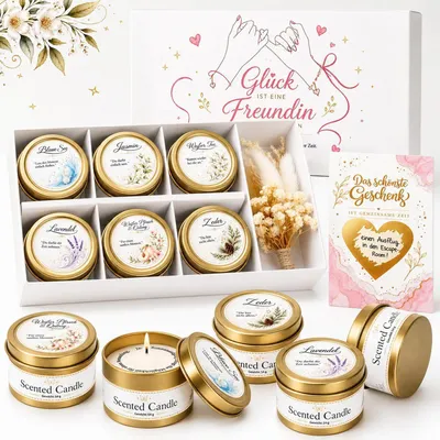 Immagine prodotto di Set regalo di candele profumate con messaggio, confezione da 6. Candele in cera di soia con fiori secchi e biglietto "gratta e vinci"