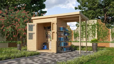 Produktbild von Karibu Gartenhaus "Kano 2" SET naturbelassen mit Anbaudach