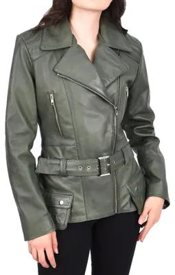 Productafbeelding van Leren Damesjack Sandra - Bikerstijl - Groen - Maat 44