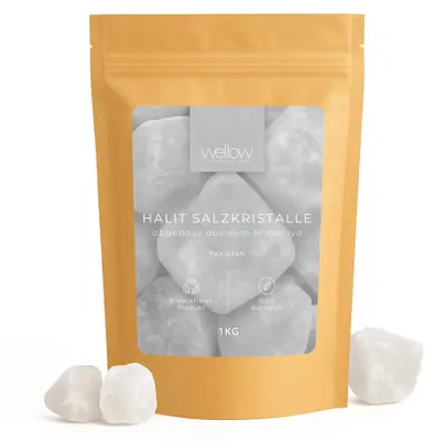 Produktbild von wellow® Halit-Salzkristalle 1 kg – 2–5 cm Brocken, klares Saunasalz für Aufguss & Solebad – Sauna, Wellness & Detox
