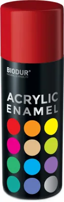 A spray can of acrylic enamel paint with a red cap and a black body displaying various color swatches.