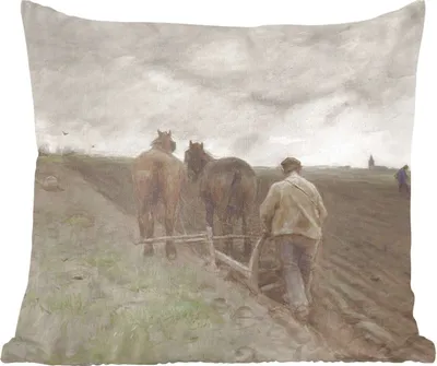 Produktbild von MuchoWow® Zierkissen Sofakissen Wohnzimmer Dekokissen 40x40 cm Pflügender Bauer - Gemälde von Anton Mauve - Foto Kissen - Schlafzimmer Dekoration