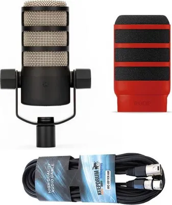 Produktbild von Rode Mikrofon Podmic mit WS14R Popschutz Rot und Kabel
