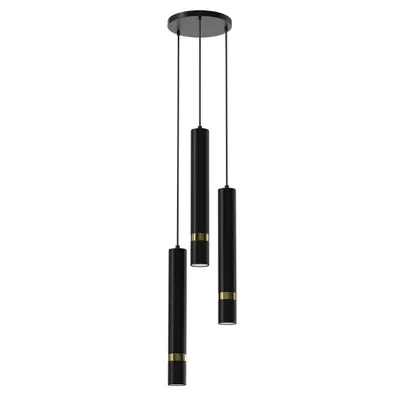 A black pendant light fixture with three cylindrical lights, each with a gold band, hanging from a circular black base.