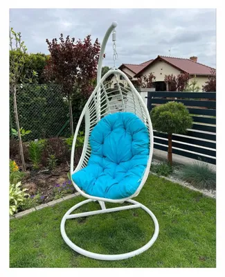 Produktbild von BELLISSIMO | Hängesessel - Hängekorb - Weiß mit blauer Polsterung - und Wetterfest - Egg Schaukel ideal für Garten, Terasse