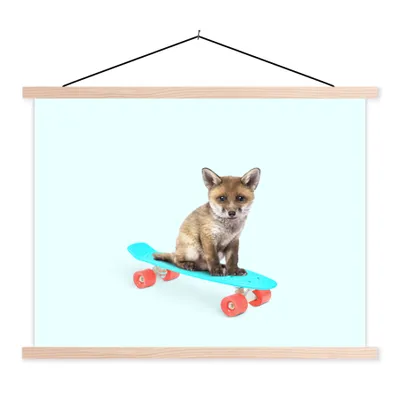 Produktbild von MuchoWow® Textilposter Fuchs - Tiere - Skateboard - Blau 60x45 cm mit holzfarbenen Rahmen - Bild
