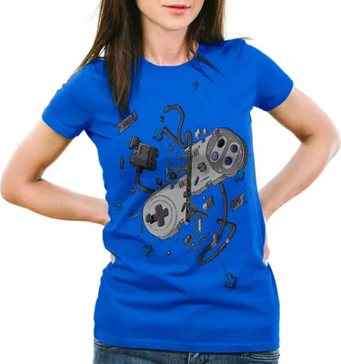 Produktbild von style3 16-Bit Controller T-Shirt Damen snes nes kart yoshi luigi mario, Farbe:Blau, Größe:XS