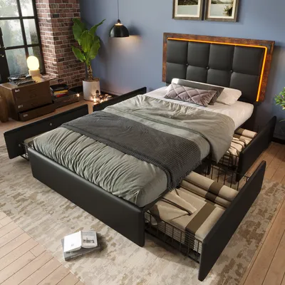 Image de okwish Lit simple rembourré 90 x 200 cm avec tête de lit réglable et éclairage LED, lit fonctionnel avec 4 tiroirs et sommier (sans matelas) – noir
