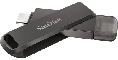 Produktbild von SanDisk iXpand, 256 GB, USB Type-C / Lightning, 3.2 Gen 1 (3.1 Gen 1), Drehring, Passwortschutz, Schwarz