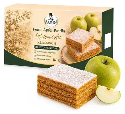 Produktbild von BARIN Apfel-Pastila nach Belyov Art, klassisch, 180g Ohne Zuckerzusatz, aus 98% gebackenem Apfelpüree & Eiweiß, natürliche Süßspeise zu Tee & Kaffee