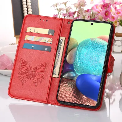 Produktbild von Galaxy A71 5G Hülle, Schmetterling Prägung Flip Leder Kartenfächer Schutzhülle Ledertasche mit Ständer für Samsung Galaxy A71 5G Rot
