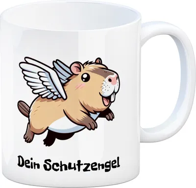 Produktbild von Comic Capybara mit Flügeln Kaffeebecher mit Spruch Dein Schutzengel