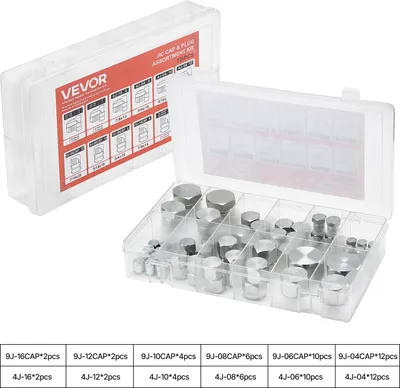 Obrázok produktu pre VEVOR 72-dielne hydraulické šroubenie JIC, priemyselné hydraulické uzávery a zátky, sada hadicových a potrubných šroubení, sada uzáverov a zátok, presné závity s rezom 37° veľkosti 4, 6, 8, 10, 12, 16