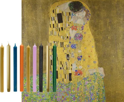 Immagine prodotto di Set di 9 candele lunghe colorate Cactula da 28 cm – Ispirate al quadro “Il bacio” di Klimt