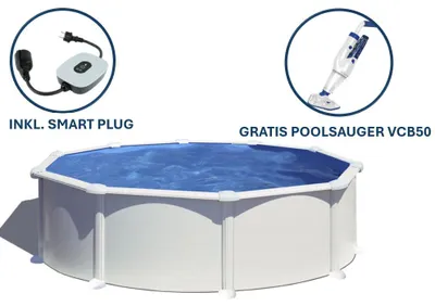 Produktbild von GRE Runder Stahlwandpool in Weiß KITPR458 – Ø 460 x 132 cm, Komplettset + GRATIS Elektrischer Poolreiniger VCB50
