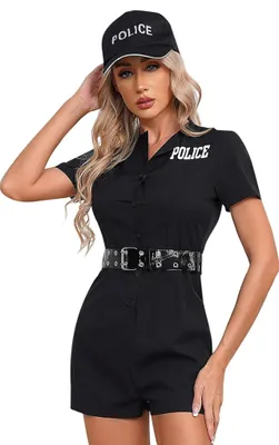Produktbild von Damen Polizei Kostüm – Polizistin Uniform Einteiler Gr. M Jumpsuit mit Hut & Gürtel – Schwarz –Party, Fasching, Karneval & Halloween Outfit