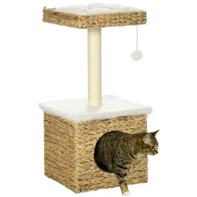 Image de PawHut Arbre à chat 2 niveaux avec 1 niche, 1 poteau sisal, 1 plateforme d'observation et 1 pompon suspendu - 2 coussins amovibles - jacinthe d'eau