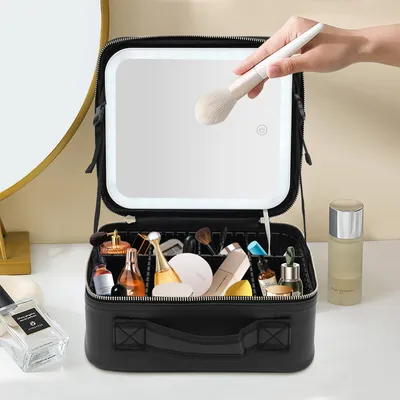 Produktbild von Kosmetické tašky Přenosný kosmetický kufřík Make up Organizér Skladovací šperkovnice se světlem a zrcadlem Bílá