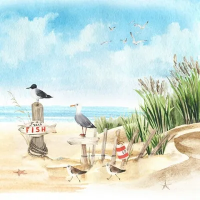 Produktbild von 20 Servietten Fresh Fish at Coastal Dune - Möwen kundschaften den Strand aus 33x33cm