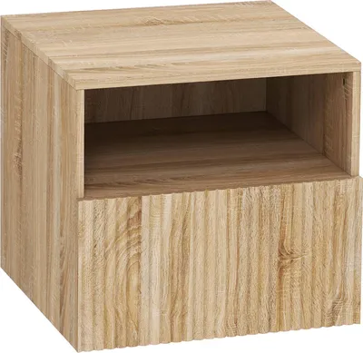 Immagine prodotto di Comodino sospeso, senza maniglia, ripiano aperto, cassetto, marrone chiaro
