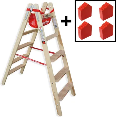 Produktbild von Euroline Holz Stufenstehleiter mit Comfort-Stufen mit Werkzeugablage +4x Leiterfüße 2x5 Stufen