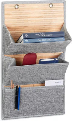 Immagine prodotto di Organizzatore da parete sospeso - 3 scomparti - Bambù e tessuto - Ideale per ufficio o ingresso - 58 x 34 x 15 cm - Grigio