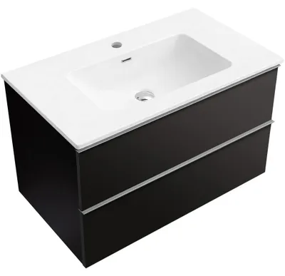 Image de CERANO - Meuble de salle de bains Velora - noir mat, poignée chromée + lavabo en céramique Novo - blanc brillant - 101 x 54,5 x 46,5 cm