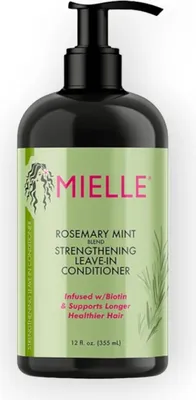 A bottle of Mielle Rosemary Mint Strengthening Leave-In Conditioner.