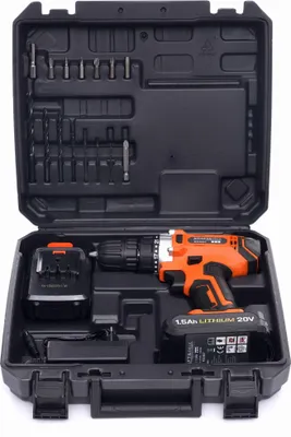 A black plastic case containing a cordless drill, a battery, a charger, and various drill bits.