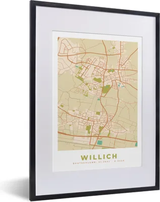 Produktbild von MuchoWow® Gerahmtes Poster Willich - Karte - Vintage - Stadtplan - Karte 30x40 cm - Poster mit Schwarzem Bilderrahmen Wandposter Rahmen Foto Bilder - Wandposter Schlafzimmer
