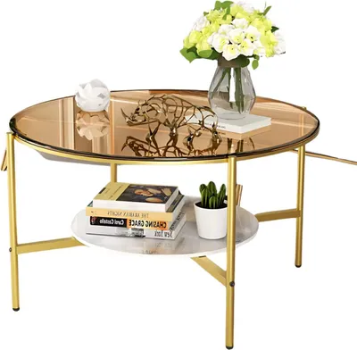 Produktbild von Couchtisch Mira – 2-Ebenen Glas-Design – Gold – Glänzende Tischplatte & Unterplatte aus Stein – Moderner Luxus für Wohnzimmer