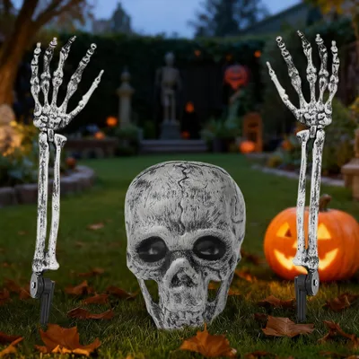 Halloween Skelett Deko Set – Schädel & Arme, wetterfest