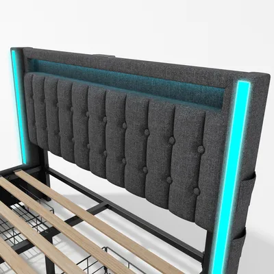 Produktbild von Flieks Polsterbett 140x200cm mit USB & Typ C, Stauraumbett Jugendbett mit 4 Schubladen, Doppelbett Holzbett mit LED & Lattenrost, Leinen, Grau